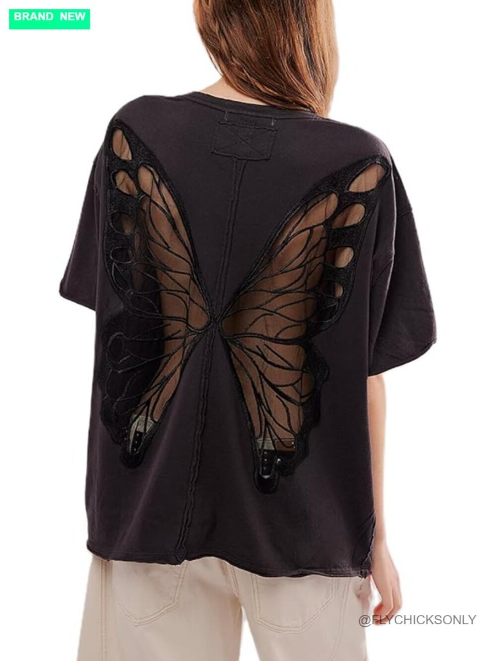 Women Butterfly Cutout Shirt Short Sleeve Crew Neck Solid Loose Fit Tee Vintage